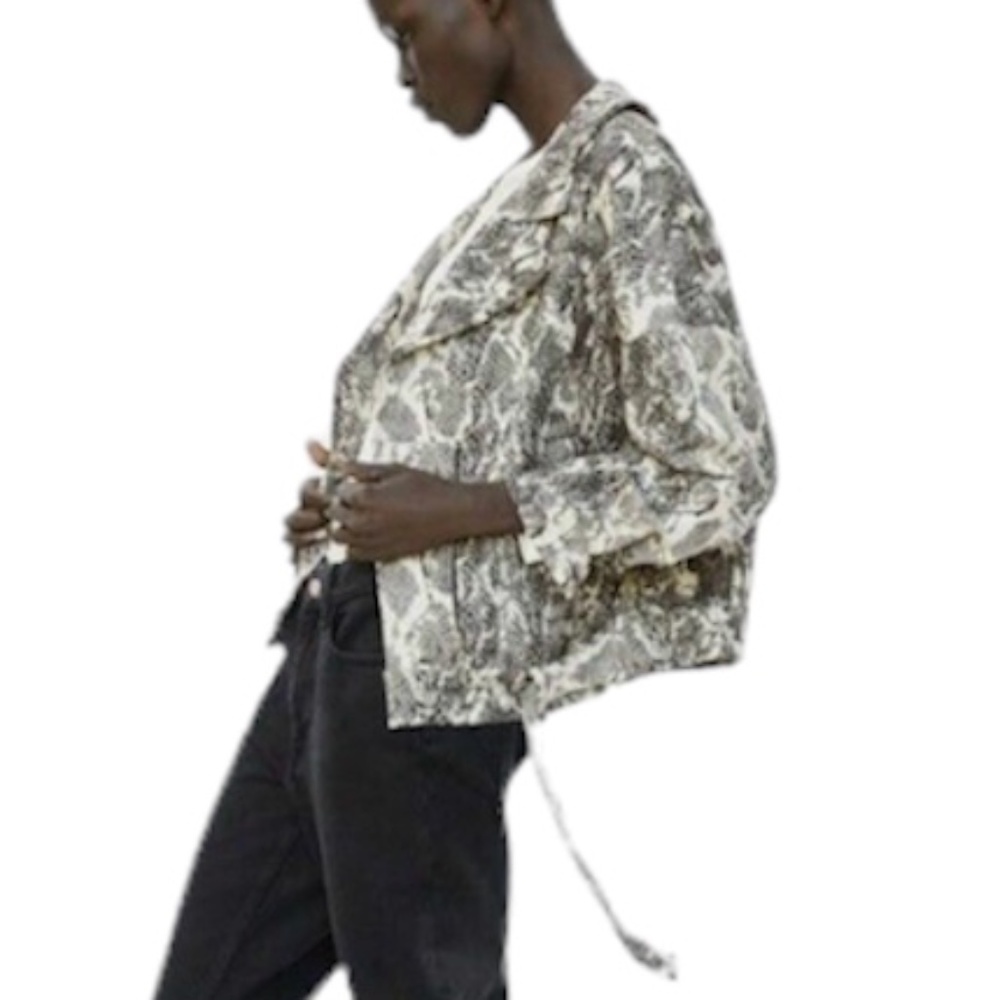 Zara oversized black beige snake print python jacquard moto bike jacket M